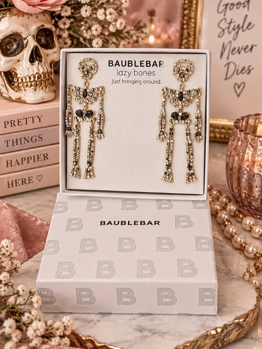 BaubleBar Lazy Bones Crystal Skeleton Drop Earrings Halloween NIB